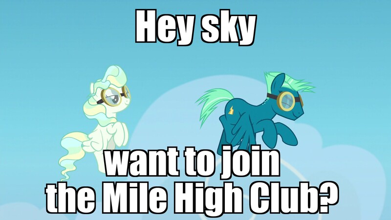 Size: 1920x1080 | Tagged: suggestive, derpibooru import, edit, edited screencap, screencap, sky stinger, vapor trail, pegasus, pony, top bolt, caption, female, goggles, image macro, imminent sex, implied sex, male, mare, meme, mile high club, shipping, stallion, straight, vaporsky