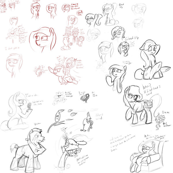 Size: 1600x1600 | Tagged: artist:jaomt2015, crossover, derpibooru import, humans riding ponies, monochrome, oc, oc:ghost lily, oc:phil the flower, oc:scarlette lotus, rick and morty, riding, sketch, sketch dump, suggestive