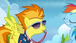 Size: 1280x720 | Tagged: safe, derpibooru import, screencap, rainbow dash, spitfire, pegasus, pony, top bolt, aviator glasses, blowing, cringing, drill sergeant, duo, duo female, female, that pony sure does love whistles, whistle, whistle necklace, wonderbolts dress uniform