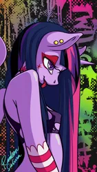 Size: 720x1280 | Tagged: suggestive, artist:rainbowsaliva, derpibooru import, twilight sparkle, twilight sparkle (alicorn), alicorn, anthro, :p, alternate hairstyle, bedroom eyes, clothes, ear piercing, earring, erect nipples, eyeshadow, female, jewelry, makeup, nipple outline, piercing, ponymania, punk, skimpy outfit, smiling, solo, solo female, tongue out, torn clothes