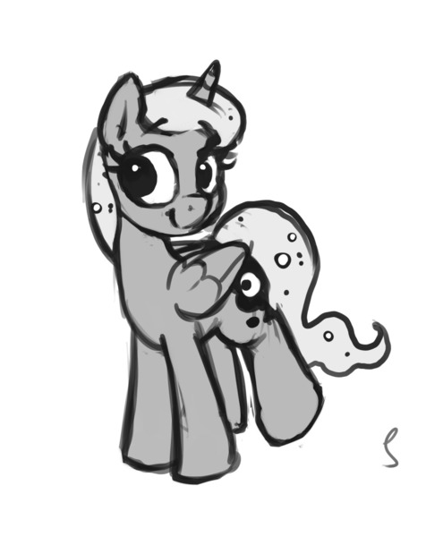 Size: 1280x1612 | Tagged: artist:selenophile, cute, derpibooru import, filly, grayscale, lunabetes, monochrome, princess luna, raised leg, safe, simple background, sketch, smiling, solo, woona, younger