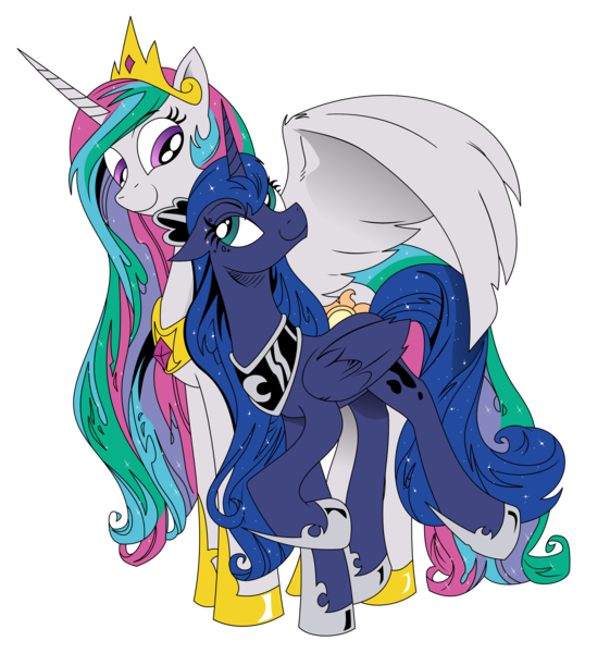 Size: 3000x3208 | Tagged: artist:andypriceart, artist:brunursus, derpibooru import, jewelry, looking at each other, looking back, looking down, looking up, princess celestia, princess luna, raised hoof, regalia, safe, simple background, smiling, spread wings, transparent background, vector