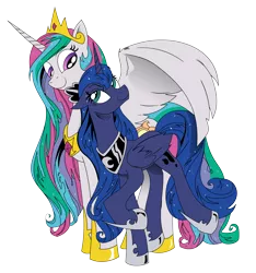 Size: 3000x3208 | Tagged: artist:andypriceart, artist:brunursus, derpibooru import, jewelry, looking at each other, looking back, looking down, looking up, princess celestia, princess luna, raised hoof, regalia, safe, simple background, smiling, spread wings, transparent background, vector