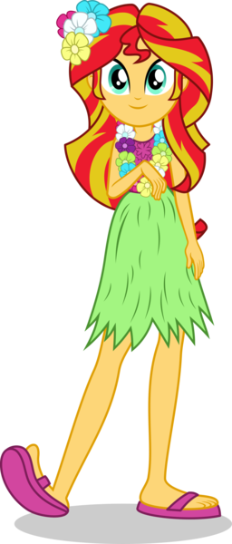 Size: 1098x2575 | Tagged: safe, artist:punzil504, derpibooru import, sunset shimmer, equestria girls, clothes, cute, feet, flower, flower in hair, grass skirt, hawaiian, hula, hulashimmer, lei, looking at you, sandals, shimmerbetes, simple background, slippers, smiling, solo, transparent background, vector