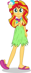 Size: 1098x2575 | Tagged: safe, artist:punzil504, derpibooru import, sunset shimmer, equestria girls, clothes, cute, feet, flower, flower in hair, grass skirt, hawaiian, hula, hulashimmer, lei, looking at you, sandals, shimmerbetes, simple background, slippers, smiling, solo, transparent background, vector