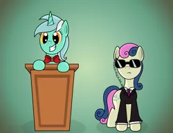 Size: 7920x6120 | Tagged: absurd resolution, artist:moonlightfan, bon bon, bowtie, clothes, derpibooru import, gradient background, lyra heartstrings, podium, safe, secret agent sweetie drops, secret service, smiling, suit, sunglasses, sweetie drops