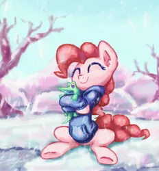 Size: 4300x4642 | Tagged: safe, artist:inowiseei, derpibooru import, part of a set, gummy, pinkie pie, alligator, earth pony, pony, absurd resolution, clothes, cute, diapinkes, eyes closed, female, happy, hoodie, hug, mare, sitting, smiling, snow, snowfall, sweater, winter