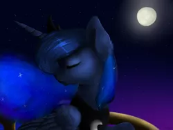 Size: 1600x1200 | Tagged: artist:lanastein, balcony, derpibooru import, eyes closed, fluffy, moon, night, princess luna, safe, solo, stars