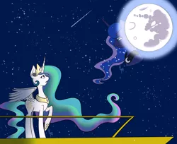 Size: 1850x1510 | Tagged: safe, artist:darkstardrawing, derpibooru import, princess celestia, princess luna, alicorn, pony, balcony, crying, female, frown, full moon, gritted teeth, hoof shoes, jewelry, lidded eyes, lonely, looking at each other, looking down, looking up, mare, mare in the moon, moon, night, open mouth, peytral, raised hoof, regalia, royal sisters, sad, shooting star, shooting stars, smiling, solo, spread wings, stars, teary eyes, tiara