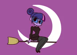 Size: 2100x1500 | Tagged: safe, artist:khuzang, derpibooru import, sci-twi, twilight sparkle, equestria girls, adorkable, bewitched, broom, crescent moon, cute, dork, flying, flying broomstick, glasses, looking back, moon, night, nightmare night, sitting, smiling, solo, twiabetes, witch