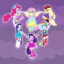 Size: 1080x1080 | Tagged: safe, derpibooru import, screencap, applejack, fluttershy, pinkie pie, rainbow dash, rarity, twilight sparkle, equestria girls, boots, clothes, cropped, dress, fall formal outfits, glow, high heel boots, mane six, ponied up, ponytail, wings