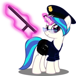 Size: 3000x3015 | Tagged: artist:up1ter, belt, clothes, derpibooru import, glasses, hat, magic, pants, peaked cap, police baton, police officer, safe, solo, vinyl scratch