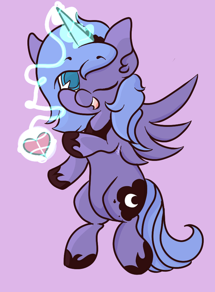 Size: 707x960 | Tagged: safe, artist:hedgehog-plant, derpibooru import, princess luna, alicorn, pony, bipedal, female, heart, magic, mare, one eye closed, s1 luna, simple background, solo, spread wings, wink