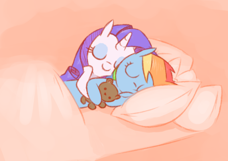 Size: 812x573 | Tagged: artist:raridashdoodles, derpibooru import, eyes closed, female, lesbian, pillow, rainbow dash, raridash, rarity, safe, shipping, sleeping, snuggling, teddy bear