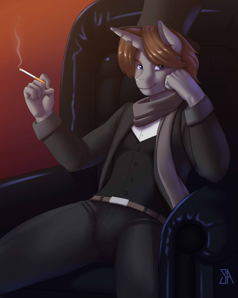 Size: 2000x2500 | Tagged: safe, artist:souladdicted, derpibooru import, oc, oc:tick tock, unofficial characters only, anthro, unicorn, anthro oc, cigarette, clothes, looking at you, smoking, solo