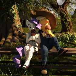 Size: 2000x2000 | Tagged: safe, artist:tahublade7, derpibooru import, applejack, rarity, anthro, plantigrade anthro, 3d, clothes, daz studio, dress, female, food, ice cream, kissing, lesbian, mary janes, overalls, oversized hat, rarijack, shipping, sneakers, tights, younger