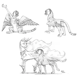 Size: 1300x1291 | Tagged: safe, artist:baron engel, derpibooru import, princess celestia, oc, oc:kessandra, gryphon, duo, grayscale, monochrome, pencil drawing, sketch, story in the source, traditional art