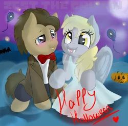 Size: 1090x1076 | Tagged: safe, artist:zestthegriffin, derpibooru import, derpy hooves, doctor whooves, time turner, pegasus, pony, blushing, clothes, costume, doctor who, doctorderpy, eleventh doctor, female, halloween, male, mare, matt smith, shipping, straight, watermark, weeping angel