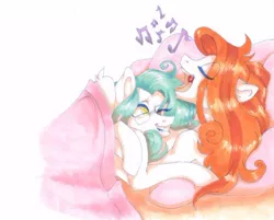 Size: 463x373 | Tagged: adopted offspring, artist:frozensoulpony, bed, cuddling, derpibooru import, oc, oc:jade luck, oc:little lady, offspring, parent:applejack, parent:jet set, parent:rarity, parents:applejet, safe, singing, snuggling, traditional art, unofficial characters only