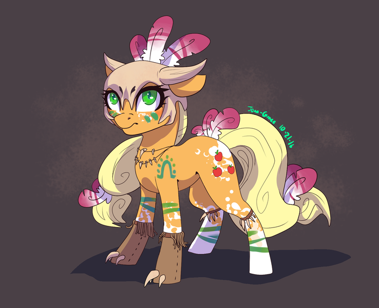 Size: 1024x832 | Tagged: applejack, artist:joan-grace, claws, derpibooru import, feather, floppy ears, helmet, part of a series, part of a set, safe, solo, tassels, tribal