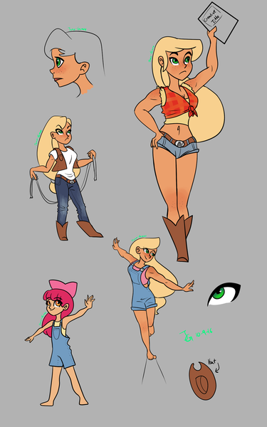 Size: 1024x1638 | Tagged: apple bloom, applejack, artist:joan-grace, barefoot, belly button, clothes, daisy dukes, derpibooru import, dungarees, feet, freckles, front knot midriff, human, humanized, jeans, midriff, pants, rope, safe, shirt, shorts, simple background, vest