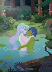 Size: 924x1280 | Tagged: suggestive, artist:rapps, derpibooru import, princess celestia, oc, oc:rally flag, equestria girls, legend of everfree, bedroom eyes, blushing, canon x oc, casual nudity, eye contact, female, forest, hug, lilypad, male, naked hug, nature, night, nudity, pond, principal and student, principal celestia, rallylestia, shipping, skinny dipping, smiling, straight, strategically covered, water