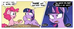 Size: 1413x566 | Tagged: safe, artist:shoutingisfun, derpibooru import, pinkie pie, twilight sparkle, twilight sparkle (alicorn), alicorn, earth pony, pony, 2 panel comic, comic, dialogue, duo, eating, food, implied applejack, lord of the rings, meat, pepperoni, pepperoni pizza, pizza, ponies eating meat, speech bubble