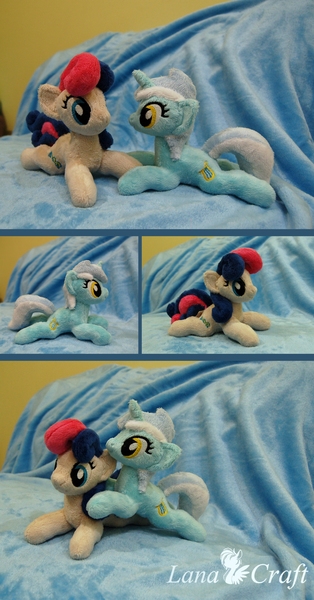 Size: 1600x3055 | Tagged: artist:lanacraft, bon bon, derpibooru import, irl, lyra heartstrings, photo, plushie, prone, safe, sweetie drops