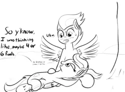 Size: 1024x757 | Tagged: safe, artist:cosmonaut, derpibooru import, rumble, scootaloo, pegasus, pony, blushing, colt, cutie mark, dialogue, female, filly, lineart, male, monochrome, rumbloo, shipping, straight, sweat, sweatdrop, the cmc's cutie marks, wingboner, wings