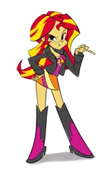 Size: 505x800 | Tagged: safe, artist:nickswift, color edit, derpibooru import, edit, sunset shimmer, equestria girls, boots, breasts, busty sunset shimmer, cleavage, clothes, colored, female, hand on hip, high heel boots, high heels, jacket, leather jacket, simple background, skirt, skirt lift, smirk, solo, white background