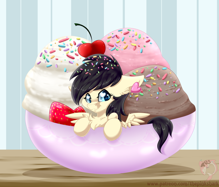 Size: 3500x3000 | Tagged: safe, artist:pinktabico, derpibooru import, oc, oc:dino, unofficial characters only, pegasus, pony, bowl, cherry, chest fluff, chocolate, commission, cute, dessert, ice cream, napoleon, smiling, solo, sprinkles, strawberry, table, vanilla, wavy mouth