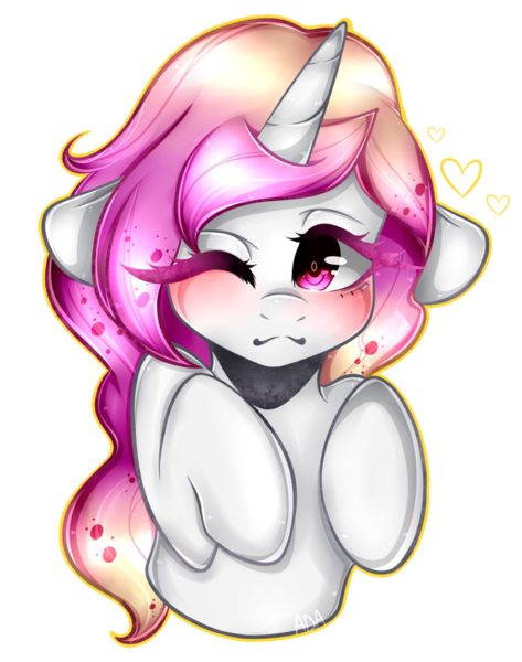 Size: 1024x1300 | Tagged: safe, artist:alliedrawsart, derpibooru import, oc, oc:orchid blossom, unofficial characters only, pony, unicorn, blushing, choker, cute, female, floppy ears, heart, mare, one eye closed, simple background, solo, transparent background, wink