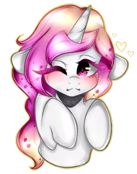 Size: 1024x1300 | Tagged: safe, artist:alliedrawsart, derpibooru import, oc, oc:orchid blossom, unofficial characters only, pony, unicorn, blushing, choker, cute, female, floppy ears, heart, mare, one eye closed, simple background, solo, transparent background, wink