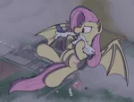 Size: 2665x2030 | Tagged: safe, artist:rapidstrike, derpibooru import, part of a set, fluttershy, bat pony, pony, series:giant flutterbat, aerial view, airport, biting, destruction, eating, fetish, flutterbat, flying, giant pony, loss (meme), macro, part of a series, plane, ponies eating humans, red eyes, scenery, solo, this will end in death, vore