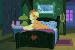 Size: 6144x4084 | Tagged: absurd resolution, applejack, artist:hearlesssoul, artist:slb94, bed, bedroom eyes, derpibooru import, looking at you, lying down, plot, rope, side, solo, suggestive, sultry pose