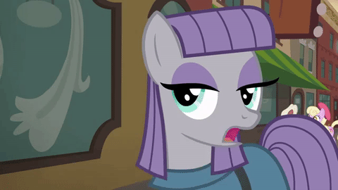 Size: 480x270 | Tagged: animated, derpibooru import, edit, edited screencap, eyebrow wiggle, gif, image macro, lewd, maud pie, meme, reaction image, safe, screencap, smiling, text, the gift of the maud pie, when she smiles