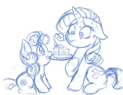 Size: 1280x989 | Tagged: artist:latecustomer, cake, cute, cutie mark, derpibooru import, eyes on the prize, floppy ears, food, grin, mouth hold, nervous, rarity, rarity looking at food, safe, sitting, sketch, smiling, sweat, sweetie belle, the cmc's cutie marks, wide eyes