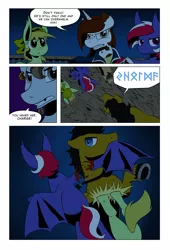 Size: 1022x1500 | Tagged: semi-grimdark, artist:darkhestur, derpibooru import, oc, oc:dark, unofficial characters only, bat pony, pony, amputation, biting, blood, braid, bucking, comic, dialogue, ear piercing, earring, fight, floppy ears, glare, gritted teeth, horseshoes, jewelry, kicking, panels, piercing, pirate, rearing, runes, spread wings, underhoof