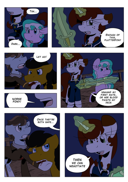 Size: 905x1280 | Tagged: semi-grimdark, artist:darkhestur, artist:rosexknight, derpibooru import, oc, oc:cammy, oc:dark, oc:dustlight, unofficial characters only, biting, blood, comic, dialogue, panels, pirate, ship, sword, weapon