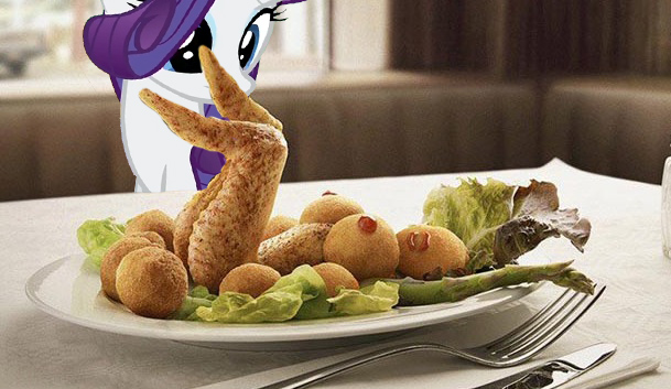 Size: 609x353 | Tagged: derpibooru import, food, food porn, irl, photo, ponies in real life, questionable, rarity, rarity looking at food, solo, wat