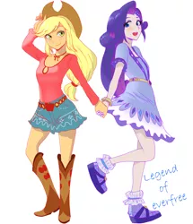 Size: 1760x2047 | Tagged: safe, artist:manmaru00, derpibooru import, applejack, rarity, equestria girls, legend of everfree, boho, boots, camp fashion show outfit, clothes, dress, female, hat, holding hands, lesbian, pixiv, rarijack, shipping, shoes, simple background, skirt