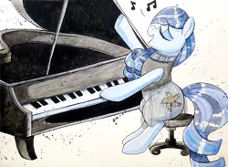 Size: 994x729 | Tagged: artist:prettypinkpony, coloratura, commission, derpibooru import, eyes closed, music notes, piano, safe, sitting, solo, traditional art