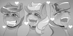 Size: 3600x1800 | Tagged: suggestive, artist:askamberfawn, derpibooru import, oc, oc:ginger spice, oc:jamie, oc:lolly, unofficial characters only, ahegao, black and white, blushing, bust, crying, drool, drool string, grayscale, heart, manga, monochrome, open mouth, orgasm, sweat, teary eyes, tongue out