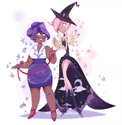 Size: 1169x1200 | Tagged: safe, artist:hoaxghost, derpibooru import, fluttershy, rarity, human, chocolarity, clothes, costume, curvy, dark skin, female, flarity, halloween, hat, humanized, lesbian, measuring tape, moderate dark skin, nightmare night, shipping, simple background, skinny, white background, wide hips, witch, witch hat