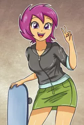 Size: 2321x3461 | Tagged: safe, artist:sumin6301, derpibooru import, scootaloo, equestria girls, clothes, cute, cutealoo, happy, hoodie, looking at you, miniskirt, older, open mouth, peace sign, skateboard, skirt, skirtaloo, smiling, solo, thighs