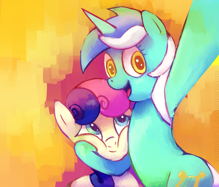 Size: 2000x1712 | Tagged: safe, artist:redink853, derpibooru import, bon bon, lyra heartstrings, sweetie drops, earth pony, pony, unicorn, abstract background, duo, happy, looking at you, looking up, selfie, smiling, squishy cheeks