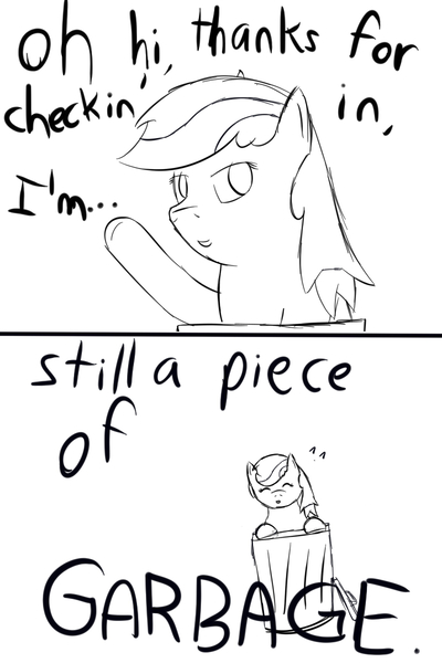 Size: 800x1200 | Tagged: artist:azuresartden, bill wurtz, comic, derpibooru import, dialogue, meme, monochrome, oc, oc:lil blue, safe, simple background, solo, trash, trash can, unofficial characters only, white background, your waifu is trash