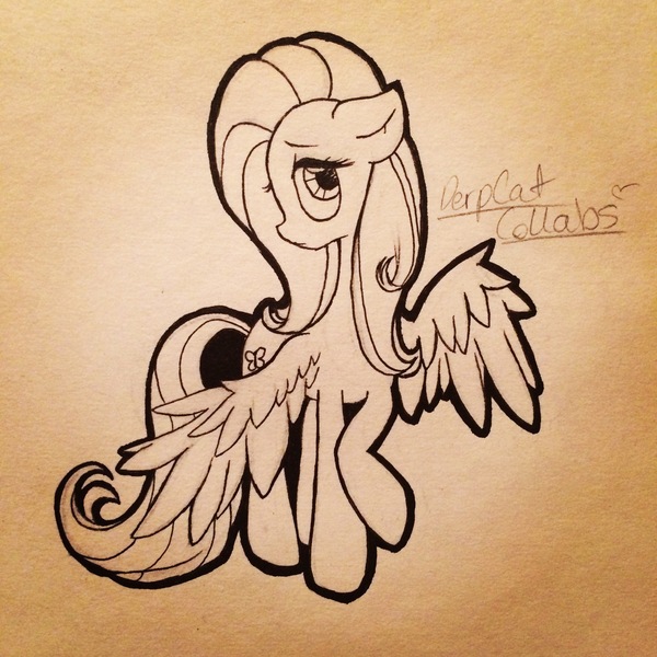 Size: 2448x2448 | Tagged: artist:derpcat-collabs, derpibooru import, floppy ears, fluttershy, head turn, inktober, inktober 2016, lineart, looking at you, raised hoof, safe, solo, spread wings, standing, traditional art