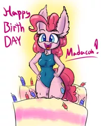 Size: 1000x1250 | Tagged: anthro, artist:heir-of-rick, belly button, cake, chest fluff, clothes, cute, derpibooru import, dialogue, diapinkes, ear fluff, female, food, happy, happy birthday, impossibly large ears, looking at you, one-piece swimsuit, open mouth, pinkie pie, pop out cake, smiling, solo, solo female, suggestive, swimsuit