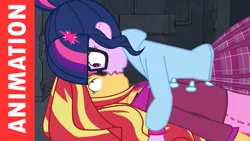 Size: 1589x894 | Tagged: suggestive, artist:minusclass, derpibooru import, sci-twi, sonata dusk, sunset shimmer, twilight sparkle, equestria girls, animated at source, clothes swap, female, kissing, lesbian, scitwishimmer, shipping, sunsetsparkle, youtube link